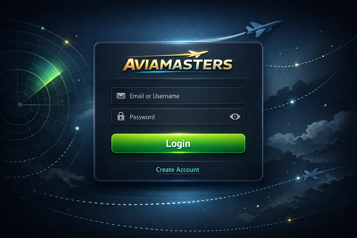 Aviamasters login interface with email or username and password fields, a bright green “Login” button, and a “Create Account” link, displayed on a dark aviation-themed background with radar graphics and flying aircraft.